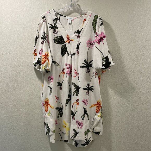 CYNTHIA ROWLEY NWT "Botanical" Sht Sleeve Linen Blend Mini Dress, Ivory/Multi L - Picture 2 of 12